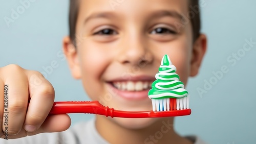Smiling boy holding a toothbrush with toothpaste shaped like a Christmas tree
