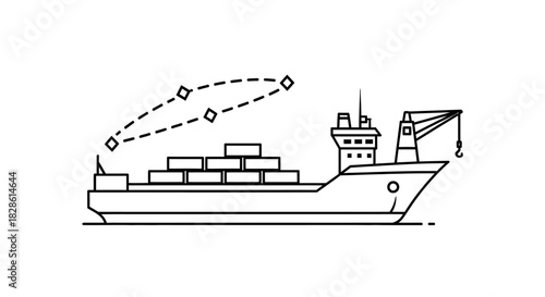 A line drawing depicts a cargo ship with boxes and a crane, showing transport.