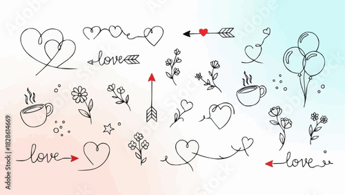 Collection of hand drawn love themed doodles featuring hearts arrows flowers balloons and a coffee cup design
