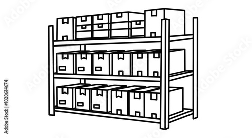 Line art illustration of a storage rack filled with stacked cardboard boxes on three shelves.