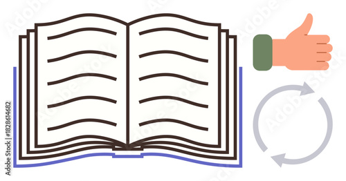 Open book with pages, thumbs-up symbol for approval, and circular arrows symbolizing refresh or update. Ideal for education, knowledge sharing, feedback, revision, approval, growth simple flat