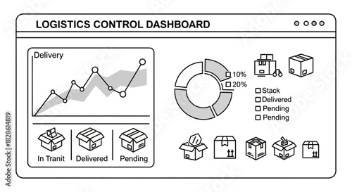 A black and white illustration of a logistics control dashboard with various data visualizations.