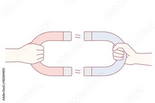 People holding magnets getting attracted to each other. Tension or attraction between man and woman. Client retention. Vector illustration.