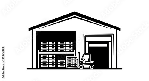 A black and white illustration of a warehouse with a forklift moving pallets.