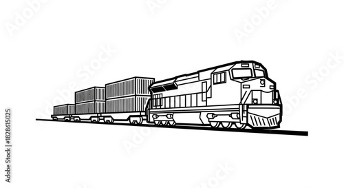 A black and white illustration of a freight train carrying stacked shipping containers on a track.