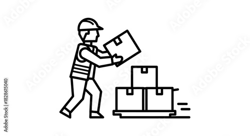 Line art illustration of a worker lifting a box onto a pallet with stacked boxes, suggesting delivery or moving.