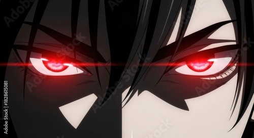 Dark anime character with intense red glowing eyes