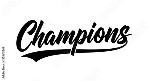 Bold, elegant script lettering spells out the word "Champions" on white background.