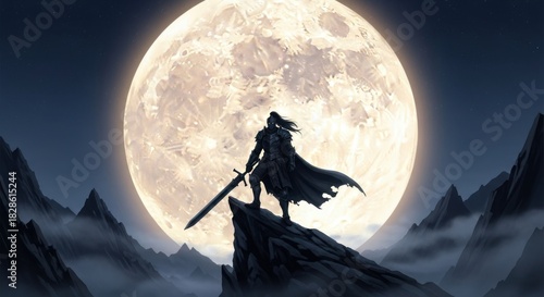 Fantasy Warrior on Mountain Peak Under Giant Full Moon Night