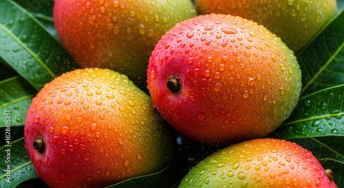 Vibrant tropical mangoes with water drops on green leaves