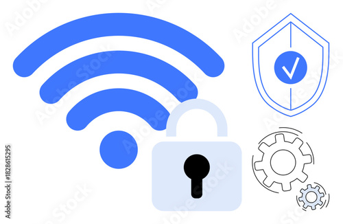 Blue wireless symbol, padlock, shield with checkmark, cogwheels for security, efficiency. Ideal for network security, digital privacy, encryption, data protection technology safe browsing simple