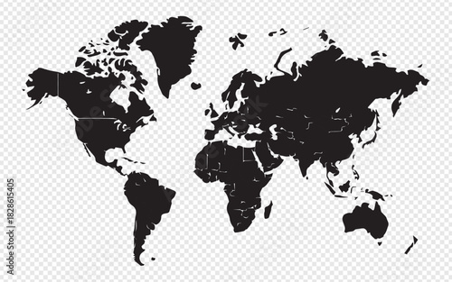 Sleek black world map perfect for global business reports and presentations, showing continents, ideal for travel and international themes