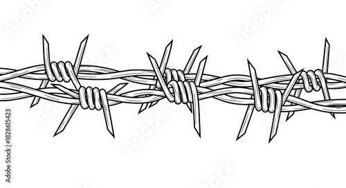 Close-up of a barbed wire strand, featuring sharp barbs and twisted metal, isolated on a white background.