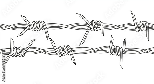 Illustration of barbed wire strands with sharp barbs, depicted in a detailed, monochrome style.