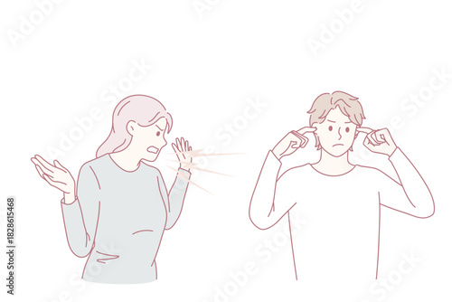 Angry woman scream yell at ignorant husband closing ears not to hear. Mad furious wife shout at man avoid ignore fight or quarrel. Family misunderstanding, breakup, divorce. Vector illustration.