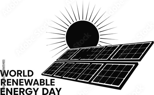 Black and graphic illustration for world renewable energy day featuring solar panel array absorbing sun energy
