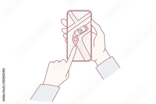 Person holding smartphone track taxi driver location on GPS on modern gadget. Client check delivery service on cellphone application. Vector illustration.