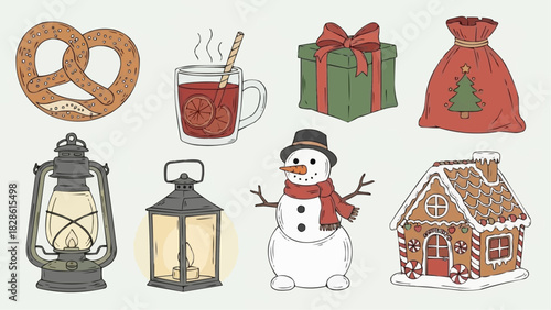 Illustration of christmas holiday themed items including food gifts and decorations drawn style