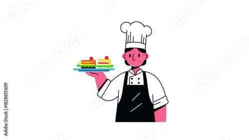 Illustration of a friendly pastry chef holding a tray with delicious cake slices, ready to serve dessert