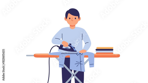 Man Ironing Clothes with Hot Iron on Ironing Board Household Chores