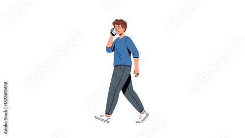 Young man in casual clothes walking and talking on a mobile phone. Vector character illustration of modern communication