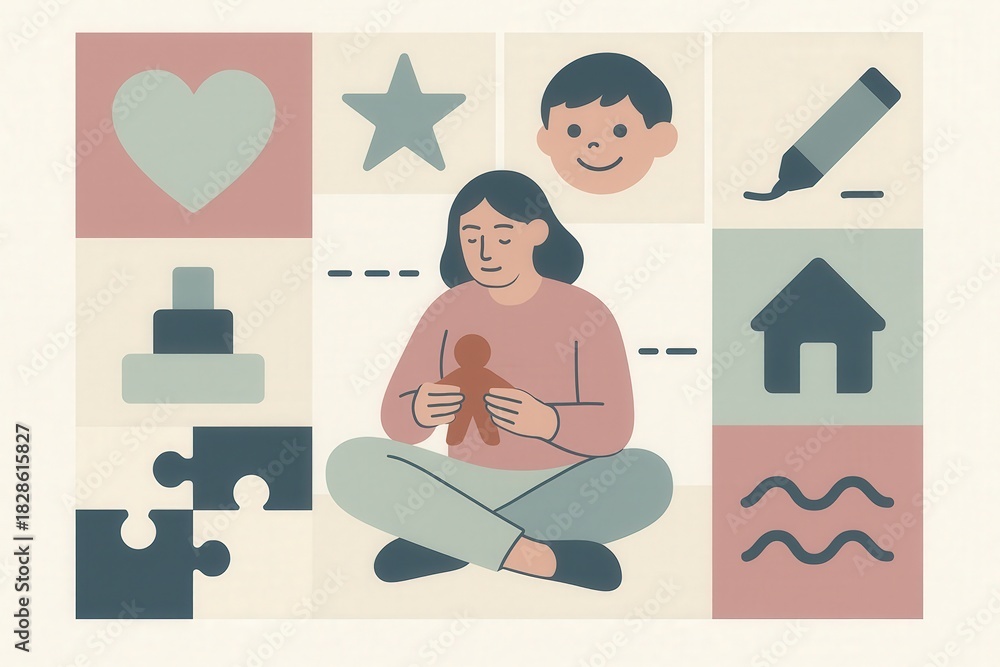 Fototapeta premium Developmental psychology illustration showcasing emotional connection and nurturing with playful elements fostering childhood growth and imagination