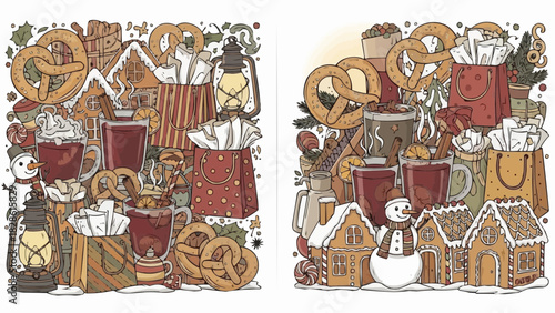 Festive christmas market scene with mulled wine pretzels and gingerbread houses in a cozy arrangement