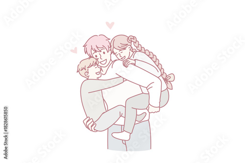 Happy young Caucasian father hold in arms play with small children show love and care. Smiling kids piggyback dad enjoy family weekend together. Fathers day concept. Vector illustration.