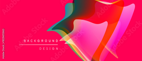 Abstract vibrant design. Overlapping shapes create dynamic composition. Pink background enhances colorful elements. Modern aesthetic.