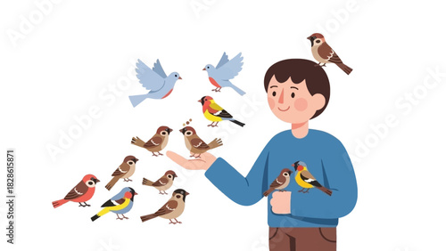 A kind young man enjoys a moment of harmony with nature, holding a friendly flock of various small wild birds in his hand