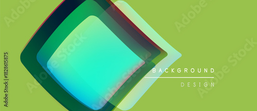 Abstract geometric design. Overlapping squares create vibrant color gradients. Light turquoise blends into deep green, yellow backdrop present.