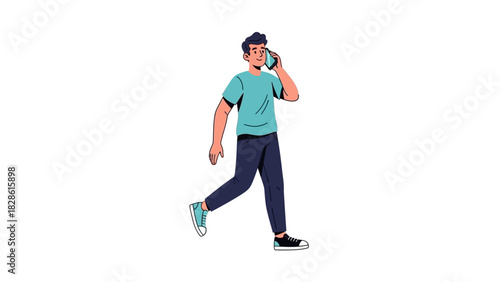 Modern flat illustration of a young man walking and engaged in a phone conversation, portraying communication and mobility