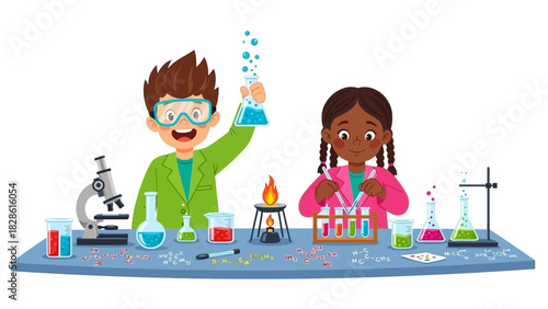 Enthusiastic Children Conducting Scientific Experiments with Glassware