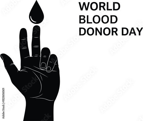 Black silhouette of a hand with a blood drop falling from the index finger, illustrating world blood donor day concept