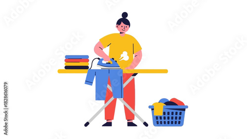 Illustration of a person ironing clothes with a basket of laundry nearby