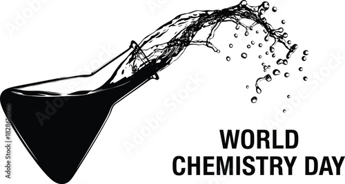 Black and graphic celebrating world chemistry day featuring a conical flask spilling liquid in a dynamic splash