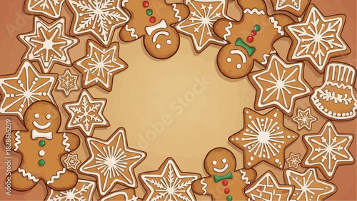 Gingerbread cookies and star shaped cookies arranged in a circle on a brown background image scene