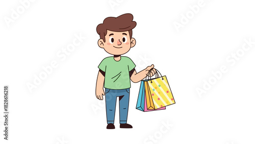 Happy shopper holding colorful shopping bags after a successful purchase, isolated on white background