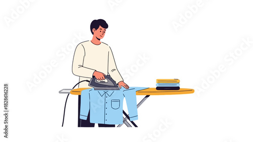 Man ironing clothes on an ironing board with a stack of folded shirts, flat vector illustration