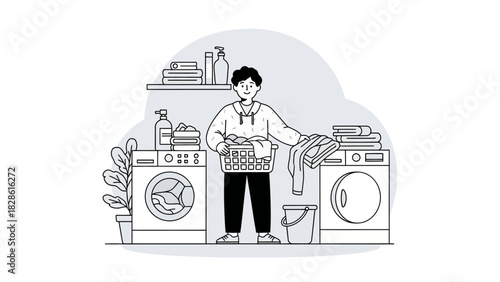 Man doing laundry at home with washing machines and basket of clothes