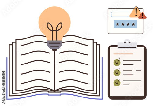 Open book with glowing lightbulb, checklist clipboard, login window showing alert. Ideal for education, innovation, security, lists, planning creativity accessibility. Flat and simple metaphor