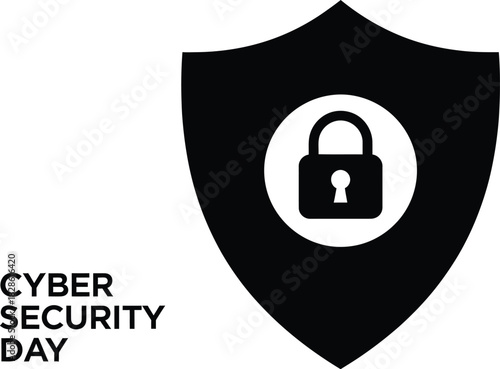 Black and graphic icon representing cyber security day featuring a shield with a padlock inside