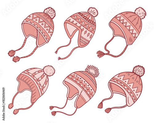 Collection of cozy winter hats with pom poms and earflaps. Set of hand drawn knitted hats.