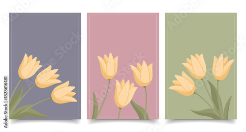 Pastel yellow tulips botanical art prints. Floral art posters collection. 