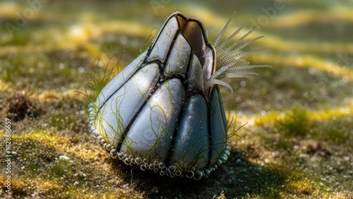 A white and black goose barnacle with a white feathered structure on a green and brown seaweed-covered surface.