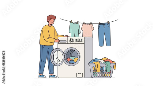 Man loading clothes into a washing machine with a laundry basket and clean garments hanging to dry. Illustration of household chores and daily routine