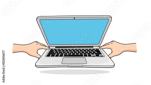 Hands opening a laptop, illustration of technology and connectivity