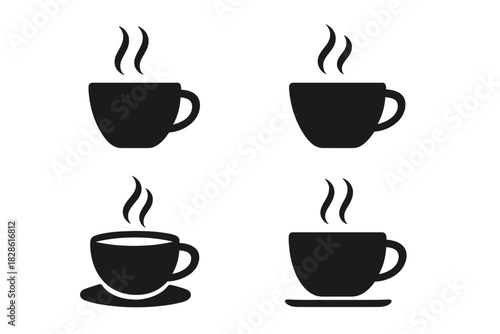 Minimalist black icons of steaming coffee mugs and teacups on a white background