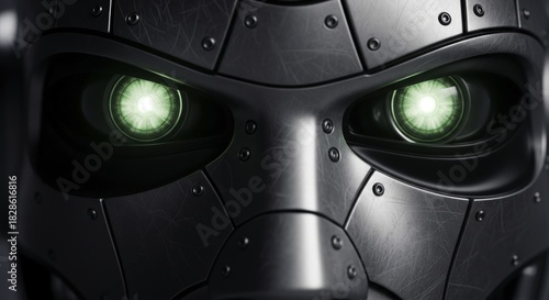 Close-up of a Metallic Robot or Armored Mask with Piercing Green Glowing Eyes and Scratched Textures