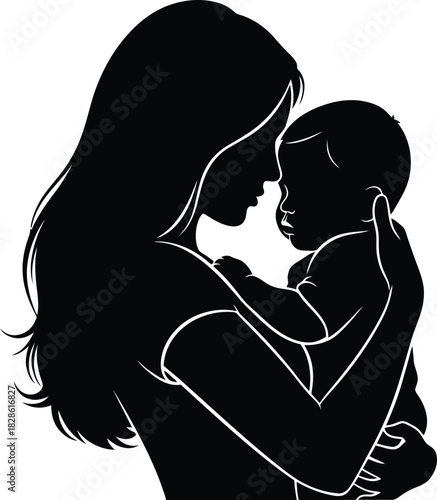 Silhouette of a mother tenderly holding her newborn baby close in a loving embrace